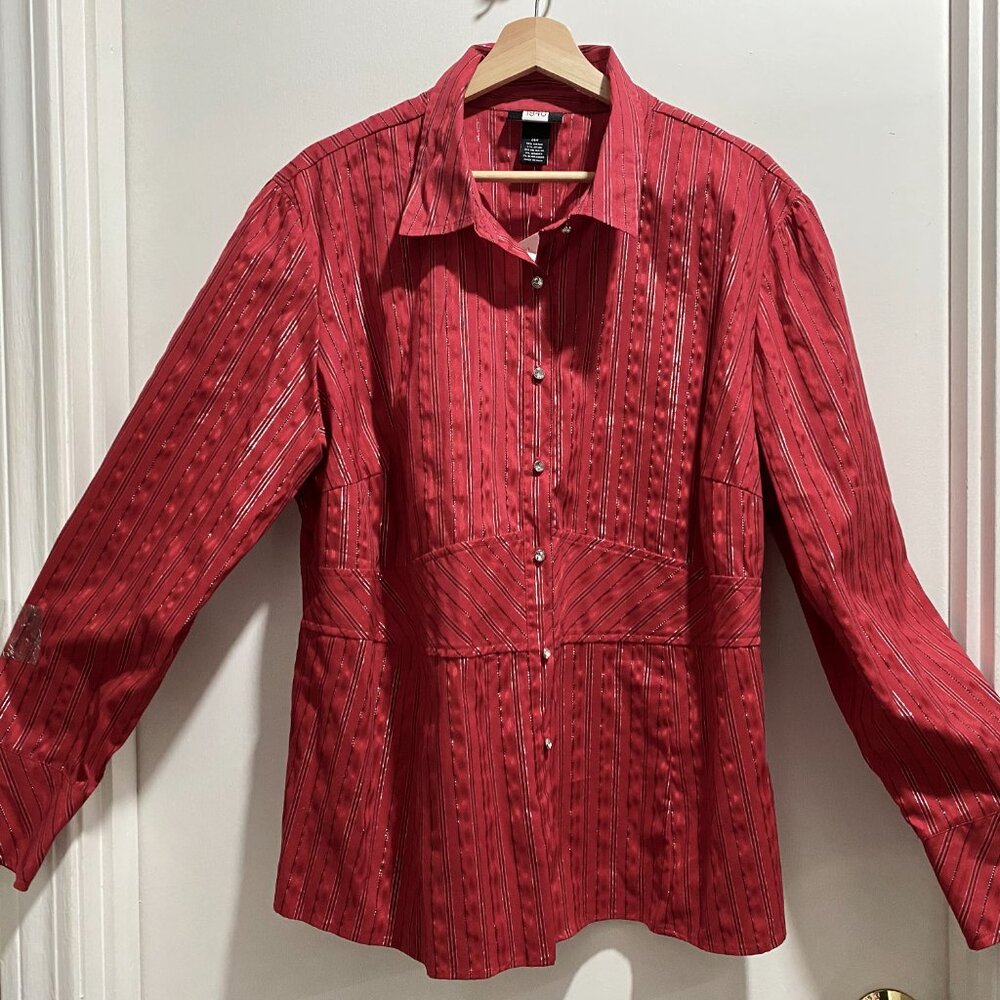 NWT Studio 1940 Christmas Red Metallic Stripes Cotton Button Up Shirt Top 24W
